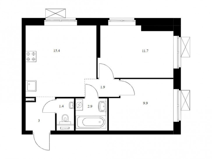 Двухкомнатная квартира 46.2 м²