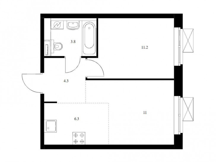 Двухкомнатная квартира 36.6 м²