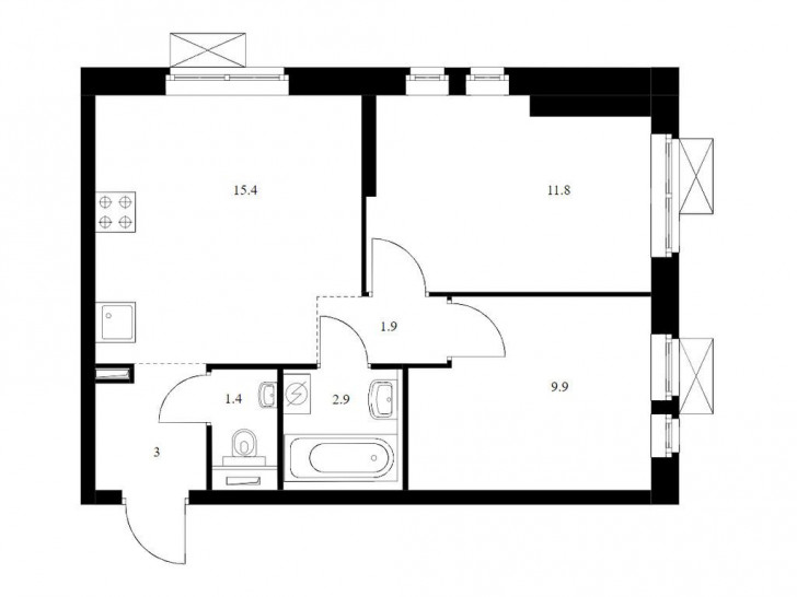 Двухкомнатная квартира 46.3 м²