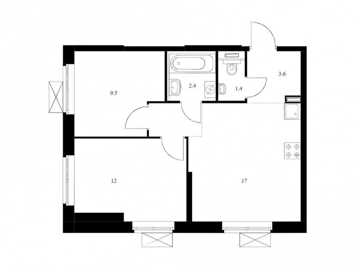 Двухкомнатная квартира 48.8 м²